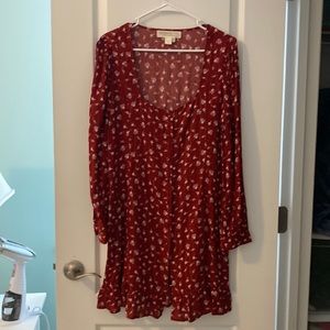 Red with small white flowers long sleeve dress.